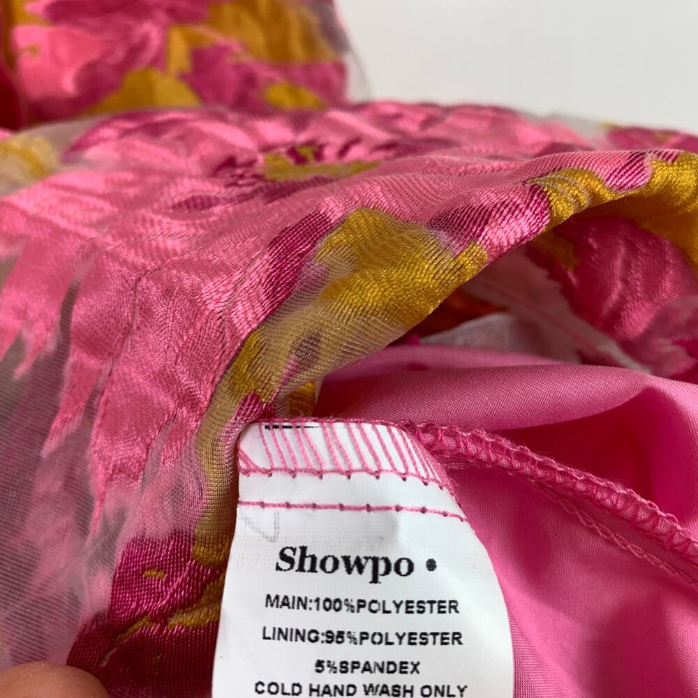 NWT Showpo. Brailey Puff Sleeve Jacquard Mini Dress Lydia Pink Size 12 - Picture 9 of 9